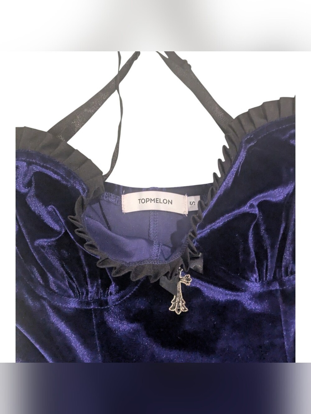 Topmelon Purple Velvet Gothic Dress w/Black Lace Trim and Cross Detail - Sz S - Picture 4 of 5
